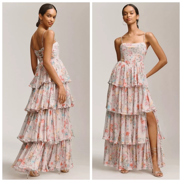 BHLDN Dresses & Skirts - Anthropologie BHLDN Sleeveless Corset Floral Tiered Ruffled Maxi Dress